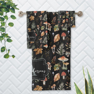 Watercolor Vintage Mushroom Fern Botanical Pattern Bath Towel Set