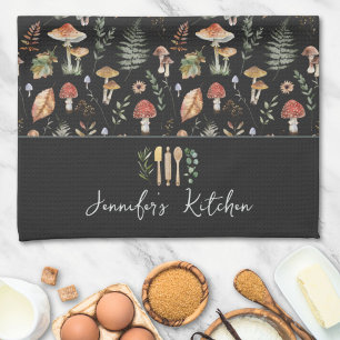 Watercolor Vintage Mushroom Fern Botanical Pattern Tea Towel