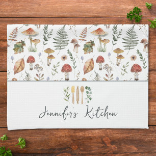 Watercolor Vintage Mushroom Fern Botanical Pattern Tea Towel