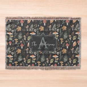 Watercolor Vintage Mushroom Fern Botanical Pattern Throw Blanket