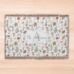 Watercolor Vintage Mushroom Fern Botanical Pattern Throw Blanket
