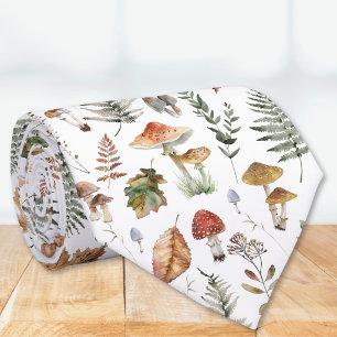 Watercolor Vintage Mushroom Fern Botanical Pattern Tie