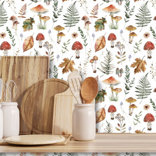 Watercolor Vintage Mushroom Fern Botanical Pattern Wallpaper