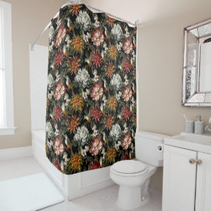 Watercolor Vintage Peonies,Roses Birds Dark Floral Shower Curtain