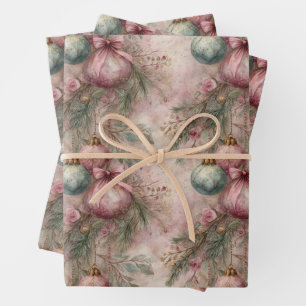Watercolor Vintage Pink & Green Christmas Bauble Wrapping Paper Sheet