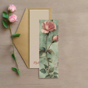 Watercolor Vintage Pink Rose Bookmark Card 