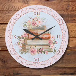 Watercolor Vintage Pink Roses and Book Floral Large Clock