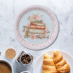 Watercolor Vintage Pink Roses and Book Floral Paper Plate