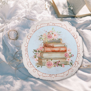 Watercolor Vintage Pink Roses and Book Floral Round Cushion