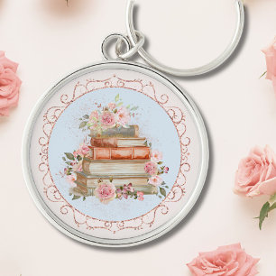 Watercolor Vintage Pink Roses and Books Floral Key Ring