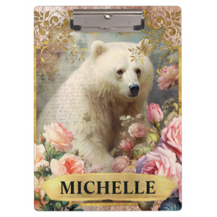 Watercolor Vintage Polar Bear and Pink Roses Clipboard