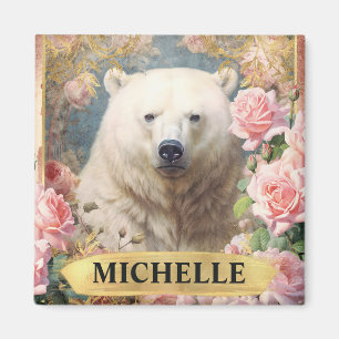 Watercolor Vintage Polar Bear and Pink Roses Magnet