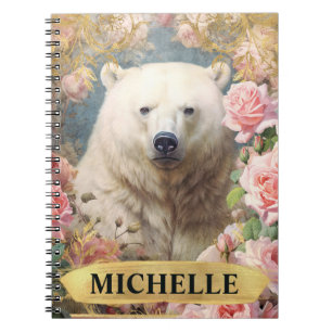 Watercolor Vintage Polar Bear and Pink Roses Notebook