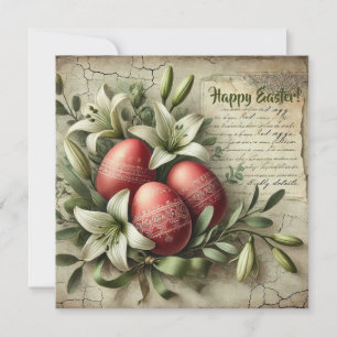 Watercolor Vintage red Easter eggs lily flowers Holiday Card