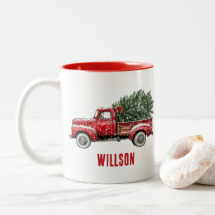 Watercolor Vintage Red Truck Christmas Two-Tone Coffee Mug