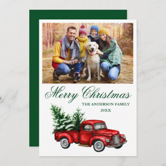 Watercolor Vintage Red Truck Green Christmas Photo Holiday Card