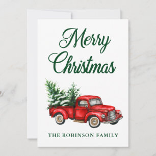 Watercolor Vintage Red Truck Green Merry Christmas Holiday Card