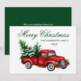 Watercolor Vintage Red Truck Green Merry Christmas Holiday Card