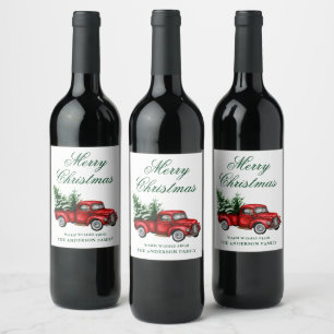 Watercolor Vintage Red Truck Green Merry Christmas Wine Label