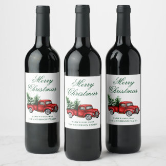 Watercolor Vintage Red Truck Green Merry Christmas Wine Label