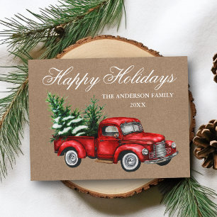 Watercolor Vintage Red Truck Kraft Happy Holidays Postcard