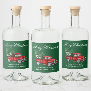Watercolor Vintage Red Truck Merry Christmas Green Liquor Bottle Label