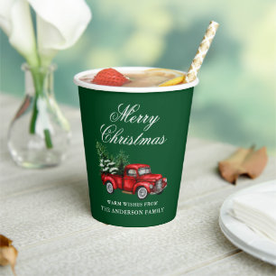 Watercolor Vintage Red Truck Merry Christmas Green Paper Cups