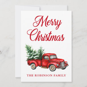Watercolor Vintage Red Truck Merry Christmas Holiday Card