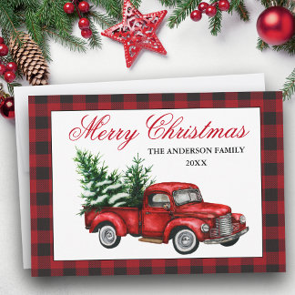 Watercolor Vintage Red Truck Merry Christmas Plaid Holiday Card