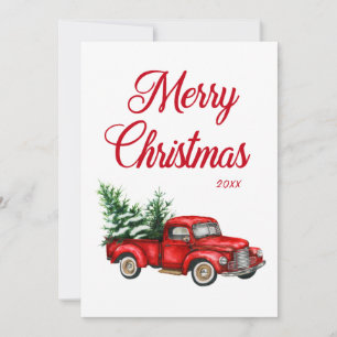 Watercolor Vintage Red Truck Merry Christmas Year Holiday Card