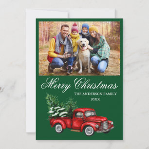 Watercolor Vintage Red Truck Photo Christmas Green Holiday Card
