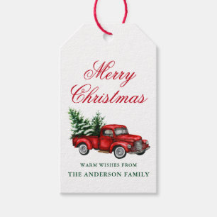 Watercolor Vintage Red Truck Tree Merry Christmas Gift Tags