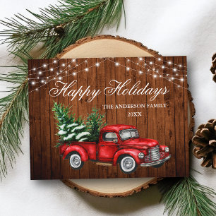 Watercolor Vintage Red Truck Wood Lights Holiday Postcard