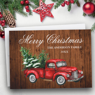 Watercolor Vintage Red Truck Wood Merry Christmas Holiday Card