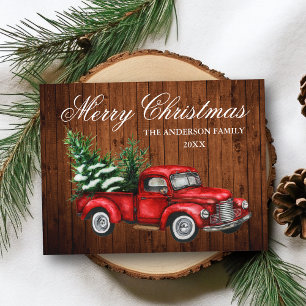 Watercolor Vintage Red Truck Wood Merry Christmas Postcard