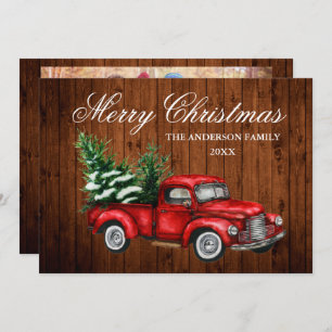 Watercolor Vintage Red Truck Wood Photo Christmas Holiday Card