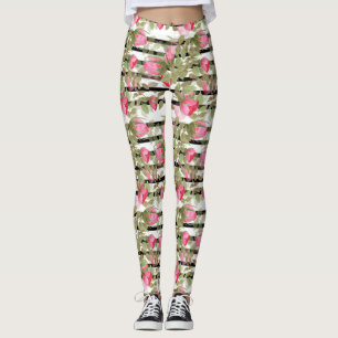 Watercolor vintage retro pink roses flowers floral leggings