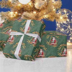 Watercolor Vintage Santa Claus and Christmas Tree Wrapping Paper