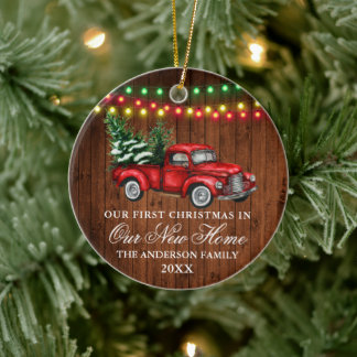 Watercolor Vintage Truck Lights Wood New Home Ceramic Tree Decoration
