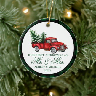 Watercolor Vintage Truck Plaid Mr. Mrs. Christmas Ceramic Tree Decoration