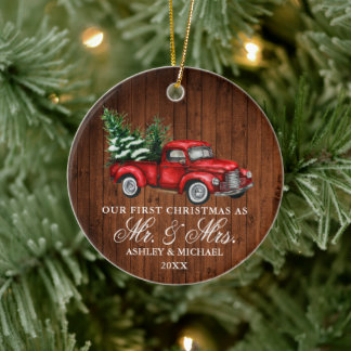 Watercolor Vintage Truck Wood Mr. Mrs. Christmas Ceramic Tree Decoration