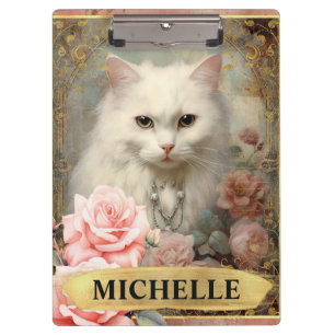 Watercolor Vintage White Cat and Pink Roses Clipboard