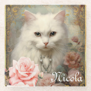 Watercolor Vintage White Cat and Pink Roses Glass Coaster