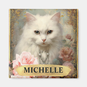 Watercolor Vintage White Cat and Pink Roses Magnet