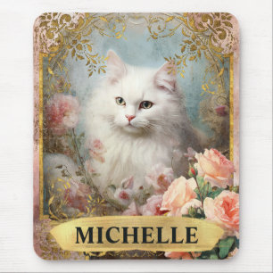 Watercolor Vintage White Cat and Pink Roses Mouse Pad