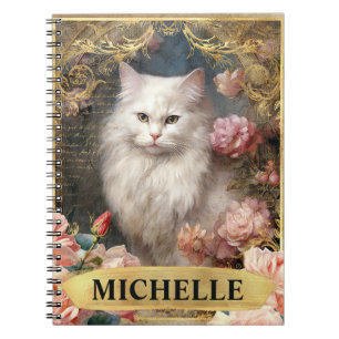 Watercolor Vintage White Cat and Pink Roses Notebook
