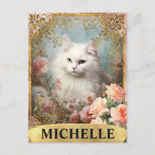 Watercolor Vintage White Cat and Pink Roses Postcard