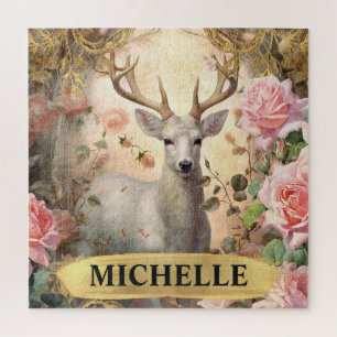 Watercolor Vintage White Deer and Pink Roses Jigsaw Puzzle