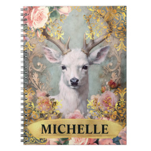 Watercolor Vintage White Deer and Pink Roses Notebook