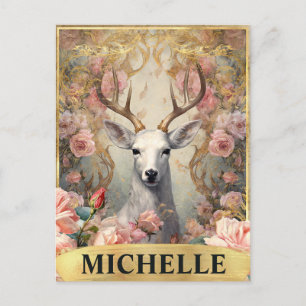 Watercolor Vintage White Deer and Pink Roses Postcard